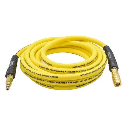 Interstate Pneumatics 3/8in 25 ft Yellow Hybrid Polymer Hose With 1/4in Brass Industrial 6-Ball Coupler & Steel Plug HH16-025H44BS